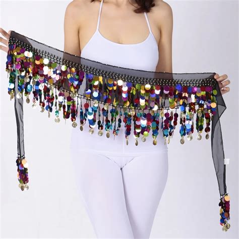 Womens Belly Dance Scarf Performance Bling Colorful Sequins Coins Hip Scarfs Chiffon Belly Dance