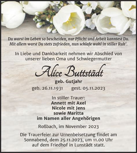 Traueranzeigen Von Alice Buttst Dt Abschied Nehmen De