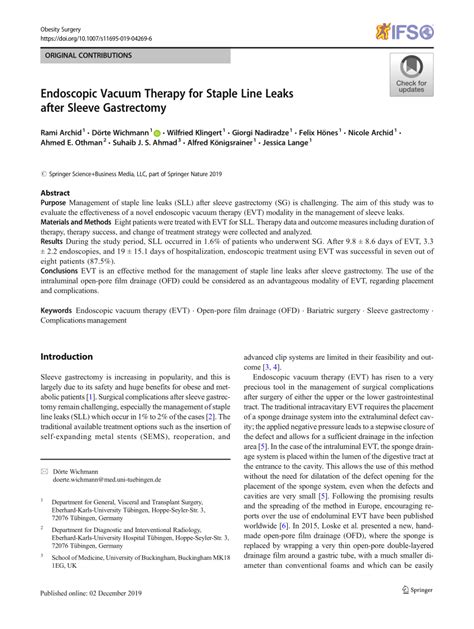 PDF Endoscopic Vacuum Therapy For Staple Line Leaks After Sleeve