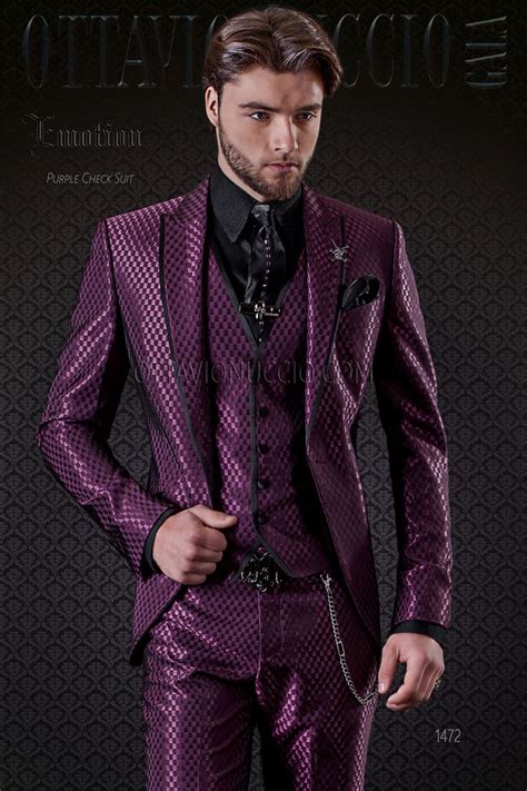 Purple checkered men suit with black trims | Fashion suits for men, Purple suits, Wedding suits men