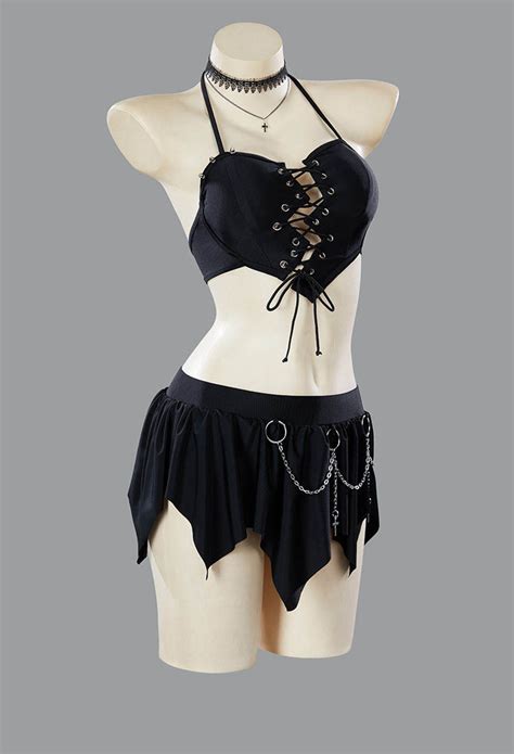 Women Gothic Black Broken Heart Shaped Two Piece Swimsuit Bikini Set Halter Top And Culottes