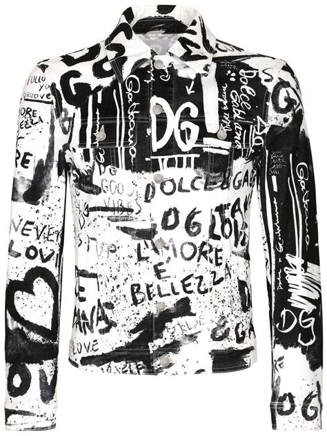 Dolce And Gabbana White Stretch Denim Jacket With Graffiti Print Details