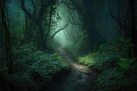 Premium Ai Image Mysterious Path Winding Through A Dense Eerie Forest