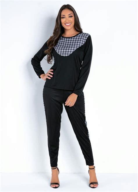 Conjunto Preto e Pied Poule Blusa e Calça Moda Pop