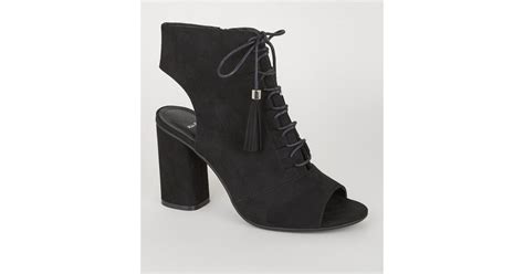 Wide Fit Black Suedette Lace Up Peep Toe Heels New Look