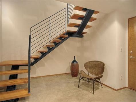 Fascinating Black Steel Frame Staircase With Wood Rung And Thin Black