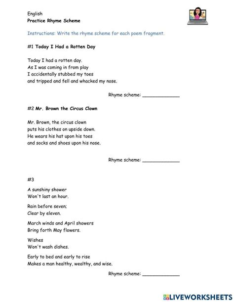 Rhyme Scheme Interactive Worksheet Topworksheets Worksheets Library