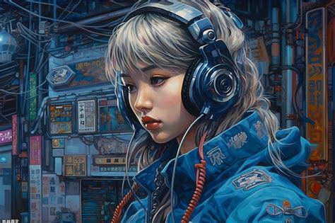 Premium AI Image | A painting of a girl wearing headphones and ...