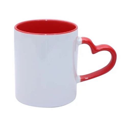 White And Red Plain 300ml Heart Shape Handle Ceramic Coffee Mug For