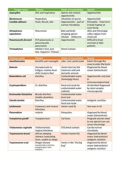 Fungus And Protozoa 1 Summary Microbiology For Health Professionals Fungus Name Disease Mode