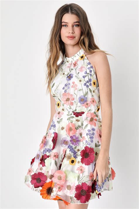 Ivory Floral Applique Dress Halter Mini Dress Floral Dress Lulus