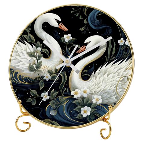 Swans Modern Round Wall Clock With Hooks And Gold Stand Silent Non