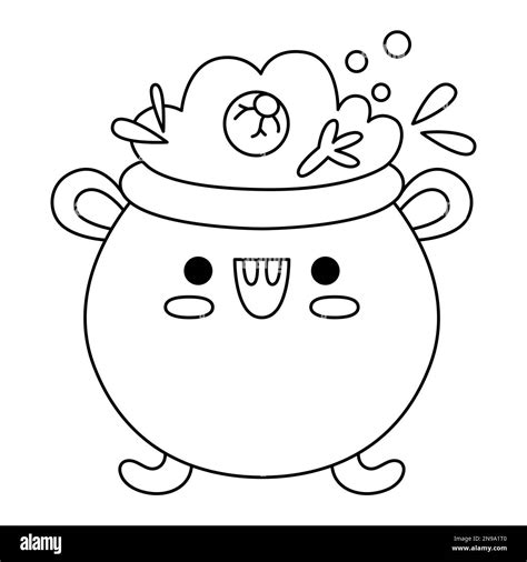 Vector black and white kawaii cauldron with potion. Cute smiling ...