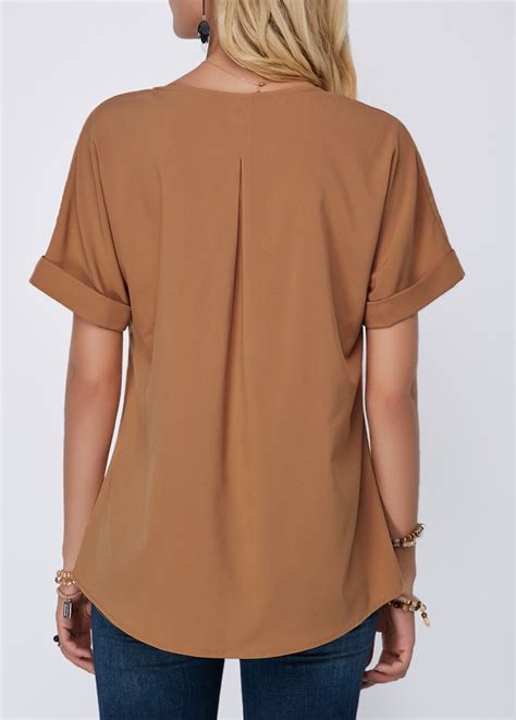 Curved Hem Split Neck Short Sleeve Blouse Usd 29 94