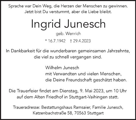 Traueranzeigen Von Ingrid Junesch Stuttgart Gedenkt De