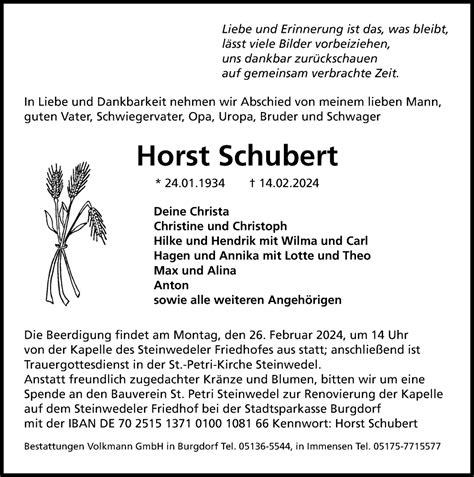 Traueranzeigen Von Horst Schubert Trauer Anzeigen De