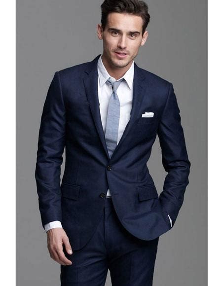 Single Breasted Button Notch Lapel Navy Suit Grey Tie