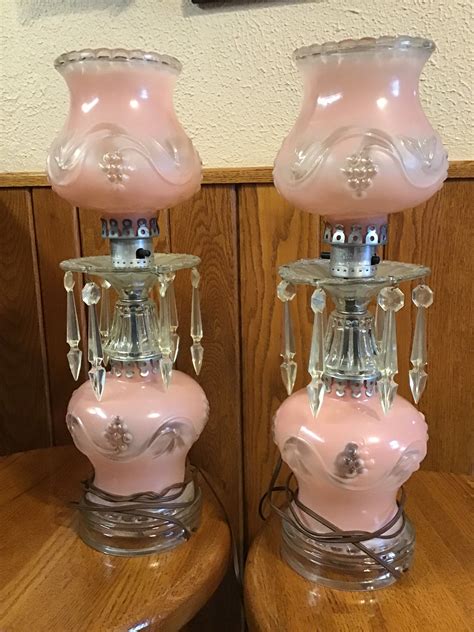 Two Vtg Victorian Pink Frosted Glass Boudoir Vanity Lamps 15 14 Height Width 45 Originial