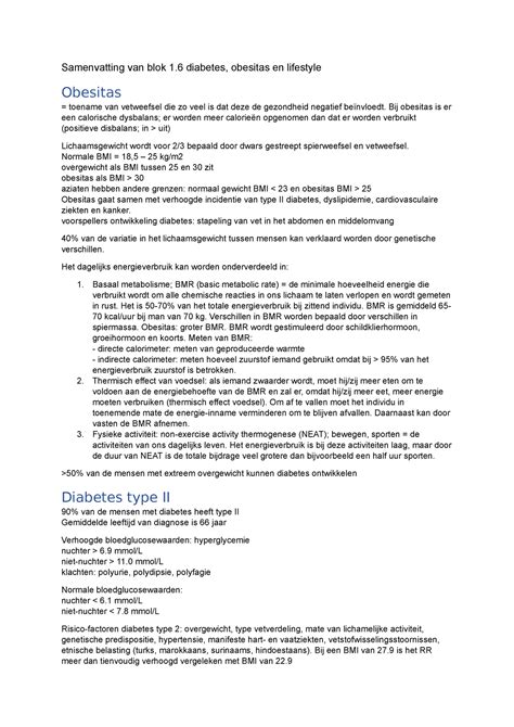 Samenvatting Diabetes Obesitas En Lifestyle Samenvatting Van Blok 1