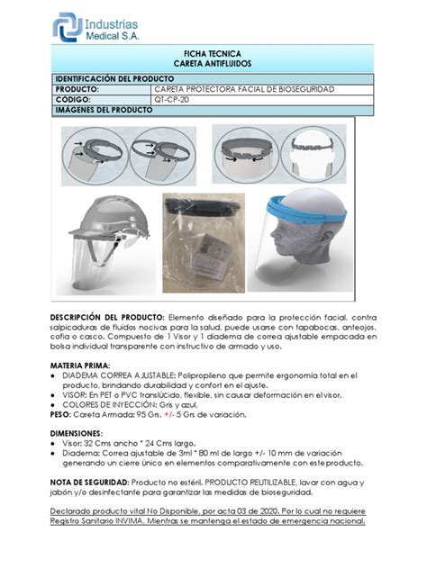 Ficha Técnica Careta Bioseguridad Antifluidos Pdf