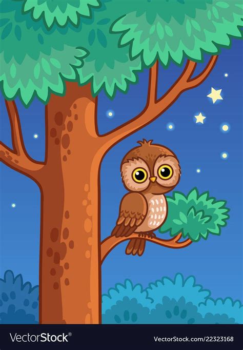 Owl At Night Sit On A Tree Branch Vector Illustration With A Bird In