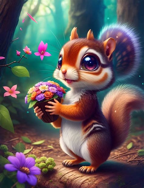 Cute Squirrel With Flowers In The Magical Forest Big Eyes And Little Ears Fantasy Cartoon