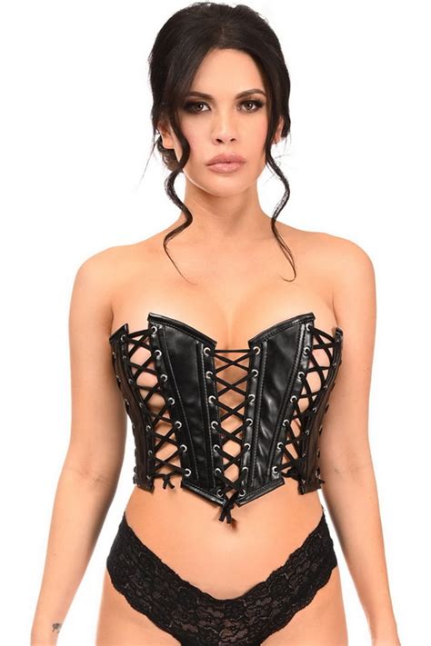 Lavish Black Faux Leather Lace Up Bustier Spicy Lingerie