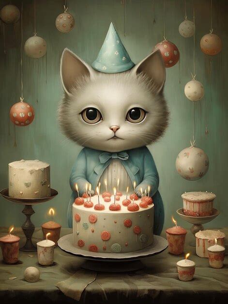 Premium AI Image | a cat with a birthday cake and a birthday cake with ...