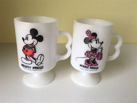 Disney Mickey Minnie Mouse Set Of Milk Glass Pedestal Mugs With B