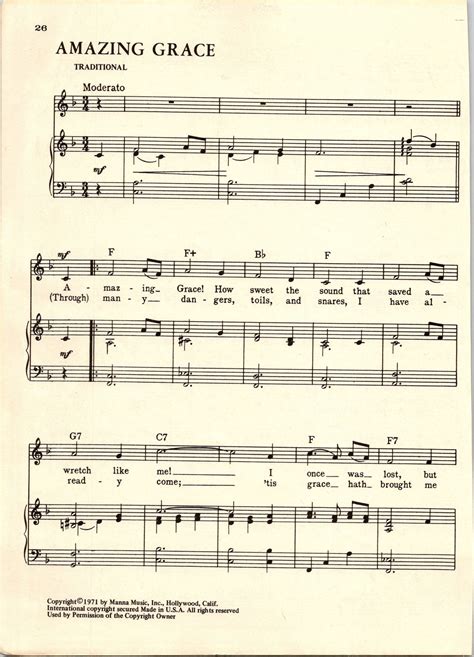 Amazing Grace Sheet Music Digital Hymn Tune Key of F - Etsy