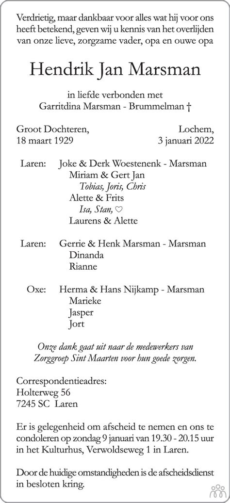 Hendrik Jan Marsman 03 01 2022 Overlijdensbericht En Condoleances