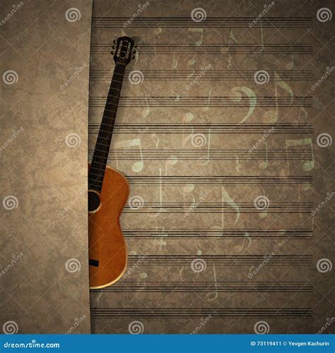 Musical Background Guitar On Old Sheet Music Notation Stock Vector