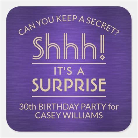 Shhh Surprise Birthday Party Brushed Purple Gold Square Sticker