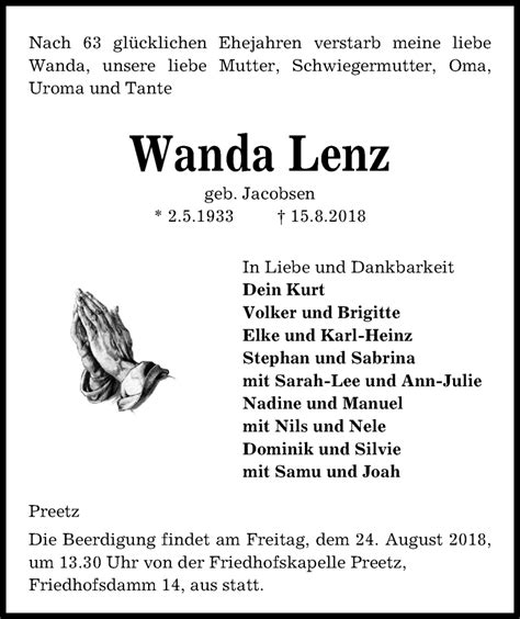 Traueranzeigen Von Wanda Lenz Trauer Anzeigen De