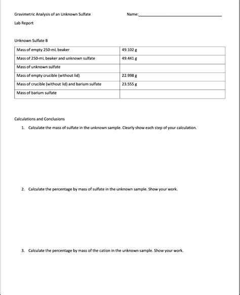 Solved Gravimetric Analysis Of An Unknown Sulfate Name Lab Chegg