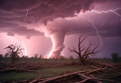 Dramatic And Powerful Tornado Lightning Thunderstorm Flash Over The