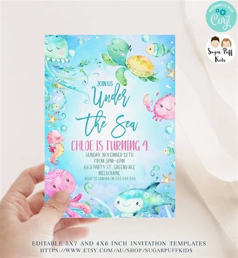 Editable Under The Sea Birthday Invite Printable Watercolor Under The Seaturtle Invitation