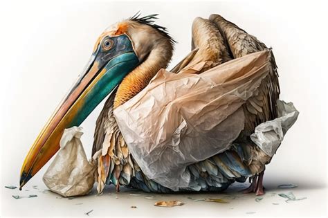 Oiseau pélican coincé dans un sac en plastique sauver le concept de l