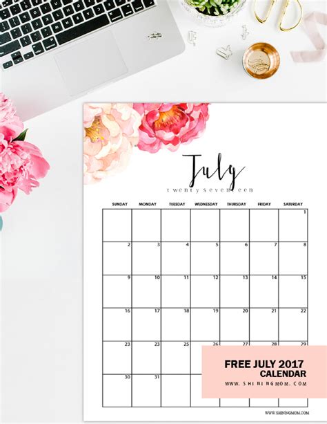 Free Printable July 2017 Calendar 12 Pretty Designs