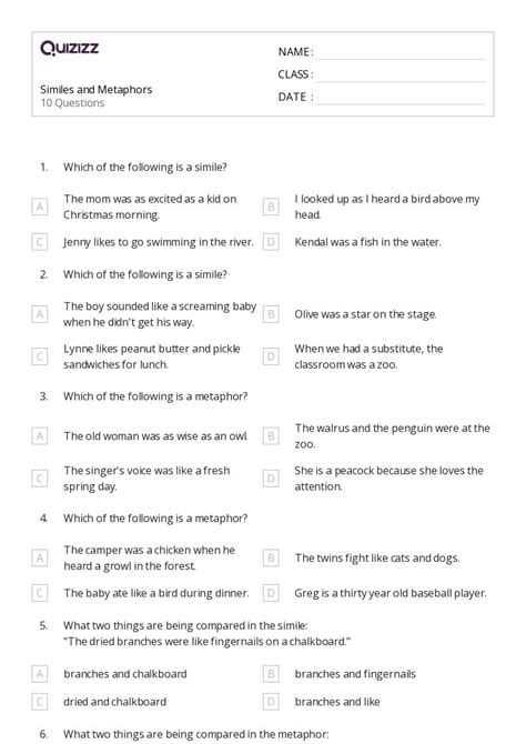 Metaphors Worksheets For Rd Grade On Quizizz Free Printable