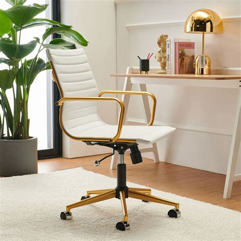 Luxmod Mid Back Gold Office Chair in White Leather, Adjustable Swivel Chair in Durable Vegan ...