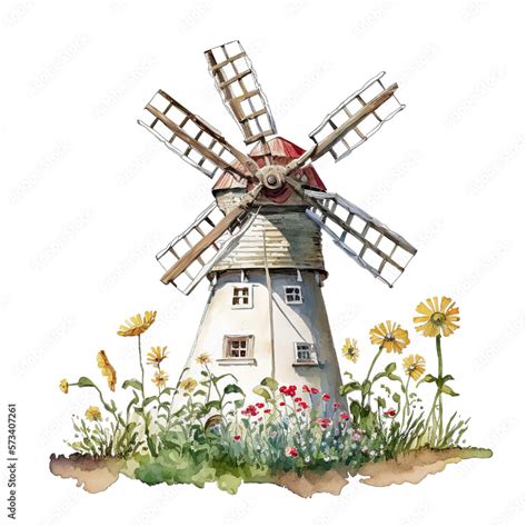 Windmill On The Hill Windmill With Sunflowers Old Farm Windmill Png Watercolor Farm Clip Art