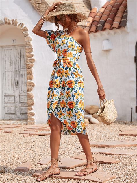 Floral Print One Shoulder Butterfly Sleeve Wrap Hem Belted Dress