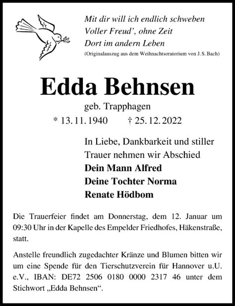 Traueranzeigen Von Edda Behnsen Trauer Anzeigen De