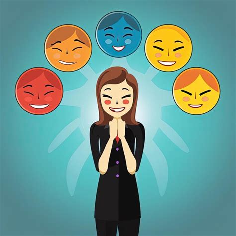 Different Colored Smiley Faces Of A Woman Standing In Front Of Her Hands Illustration Premium