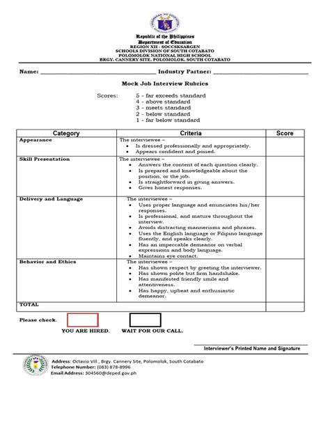 Mock Job Interview Rubrics Pdf Job Interview Communication