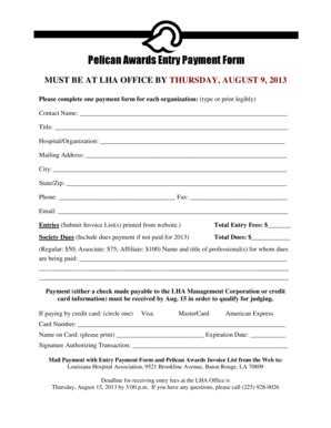 Fillable Online Lhaonline Pelican Awards Entry Payment Form Lhaonline