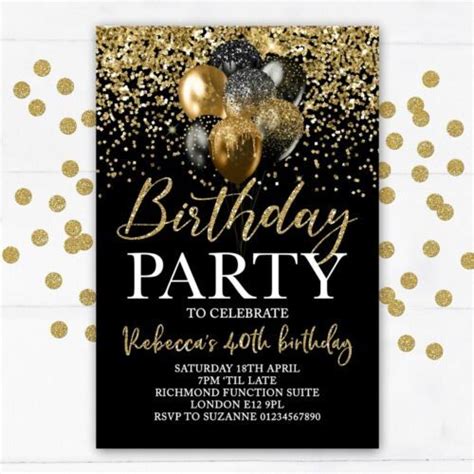 Black And Gold Personalised Birthday Party Invitations 18th 21st 30th