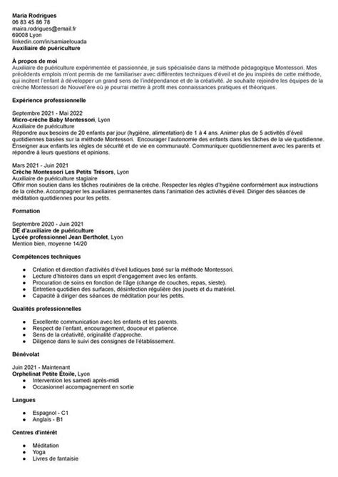 Cv Auxiliaire De Pu Riculture Exemple Cr Che Maternit