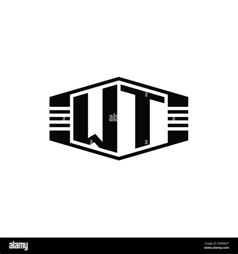 Wt Letter Logo Monogram Hexagon Emblem Shape With Stripes Outline Style